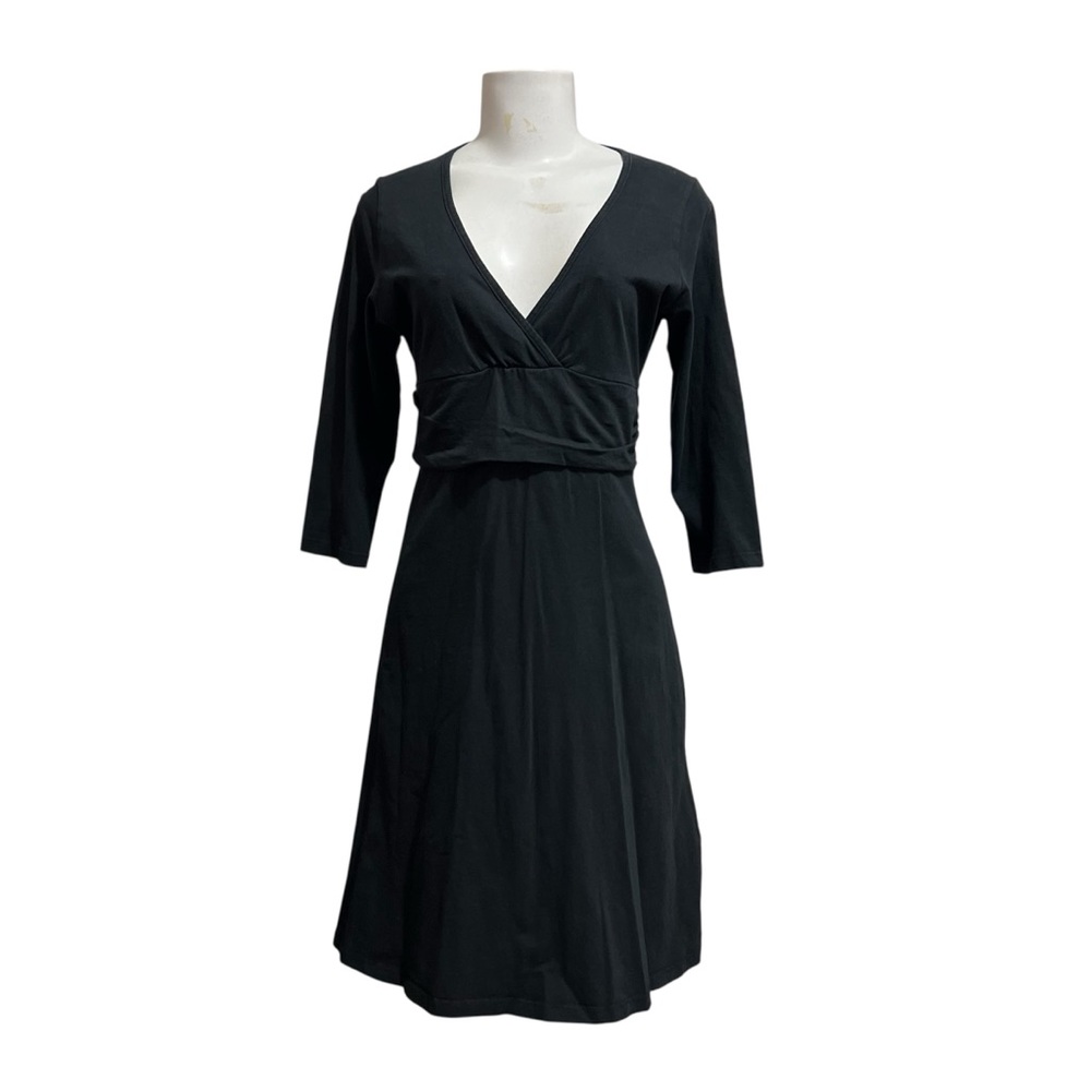 Patagonia Dress Black V Neck 3/4 Sleeve M Ruched Fall Whimsygoth Career Classic
